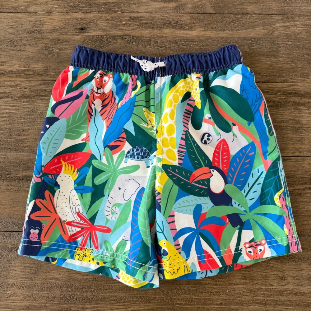 Boden Boys Jungle Animal Print Swim Trunks Green Blue‎ Tiger Giraffe 6-7Y Shorts